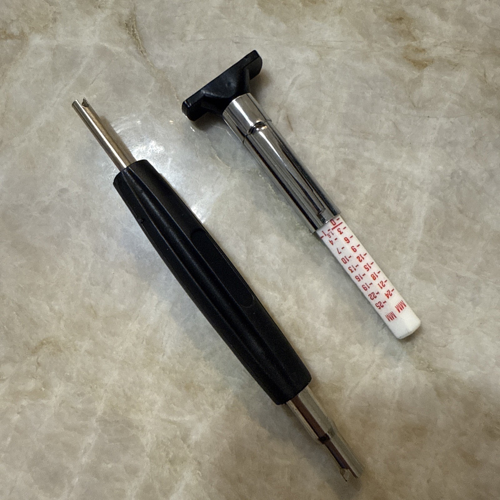 ONE MILTON S-444 VALVE CORE REMOVAL TOOL AND ONE TIRE TREAD DEPTH GAUGE. NEW )
