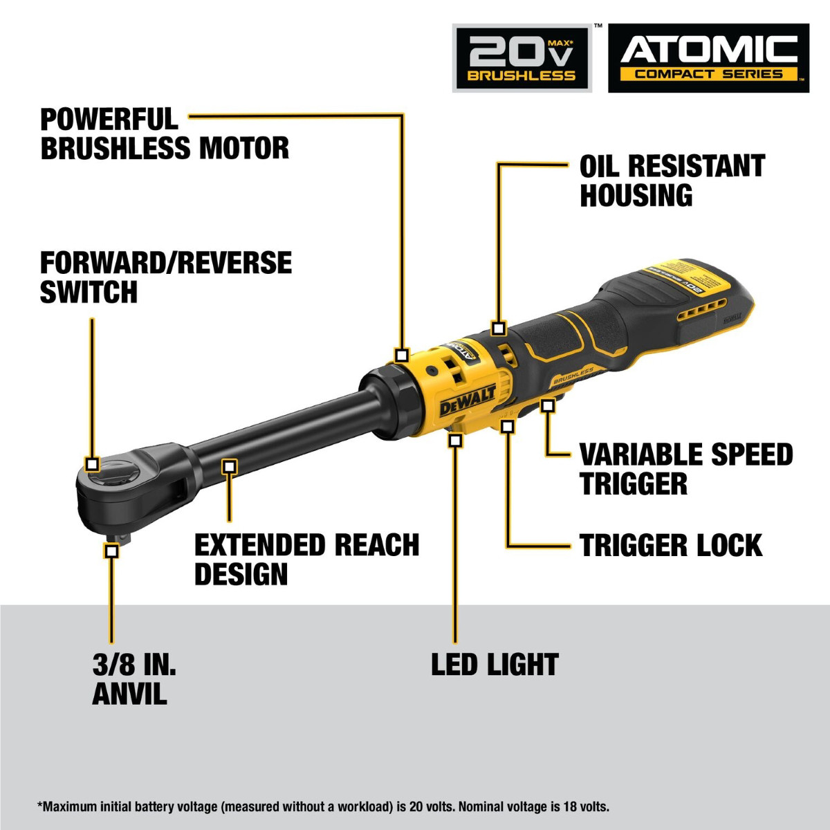 DeWalt 20V MAX* ATOMIC Brushless Cordless 3/8-in. Extended Reach Ratchet (Tool O