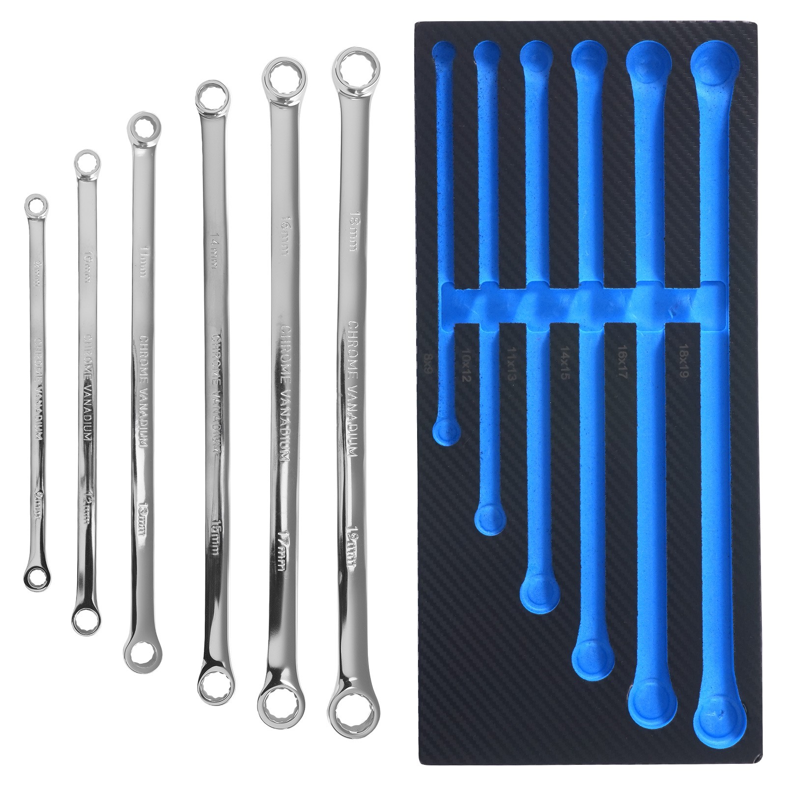 Box-End Wrench Set 6PC Extra Long Metric Heavy Duty 12 Point Steel 8-19mm