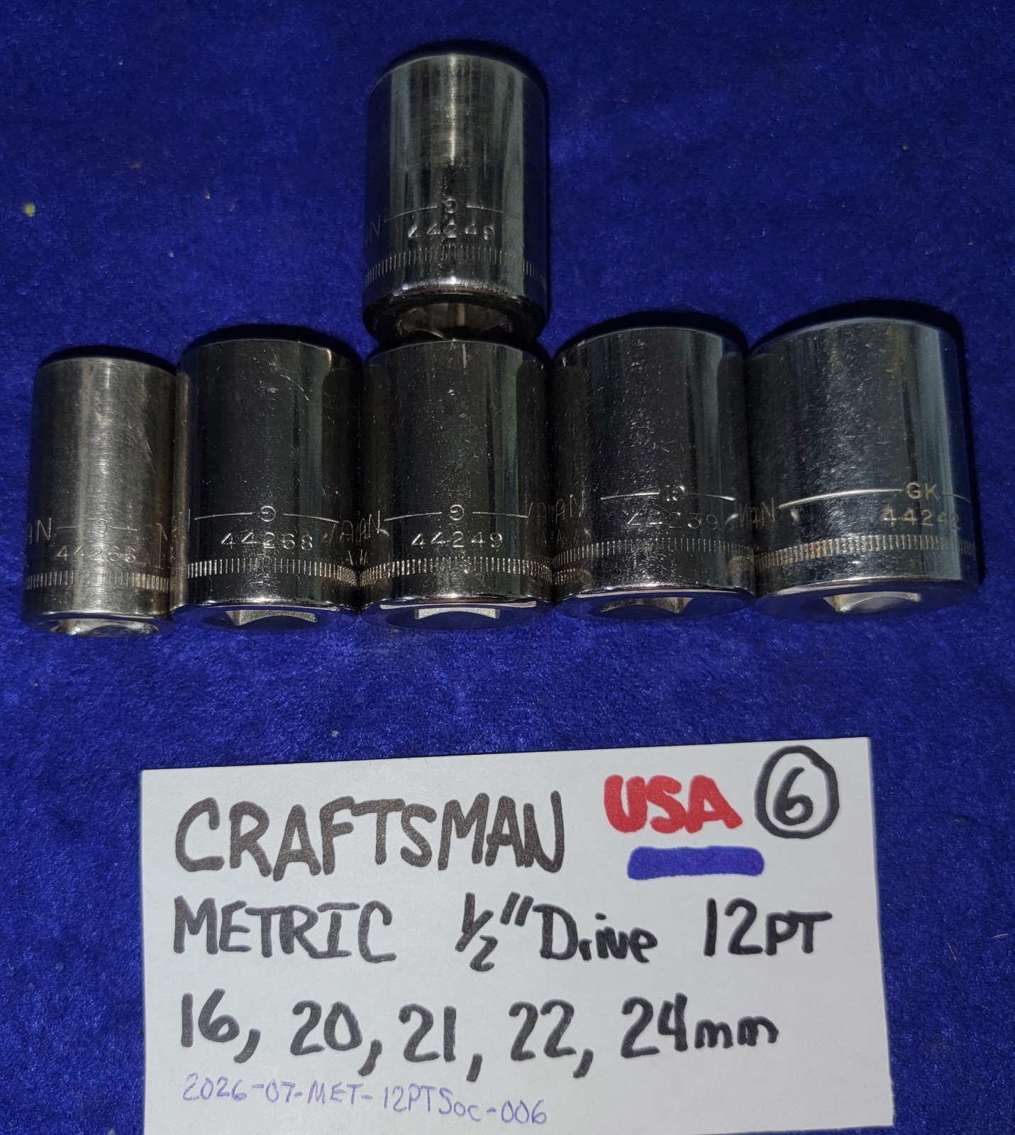 CRAFTSMAN 1/2″ Drive 12PT Socket LOT 16mm, 20mm, 21mm, 22mm & 24mm Made in USA