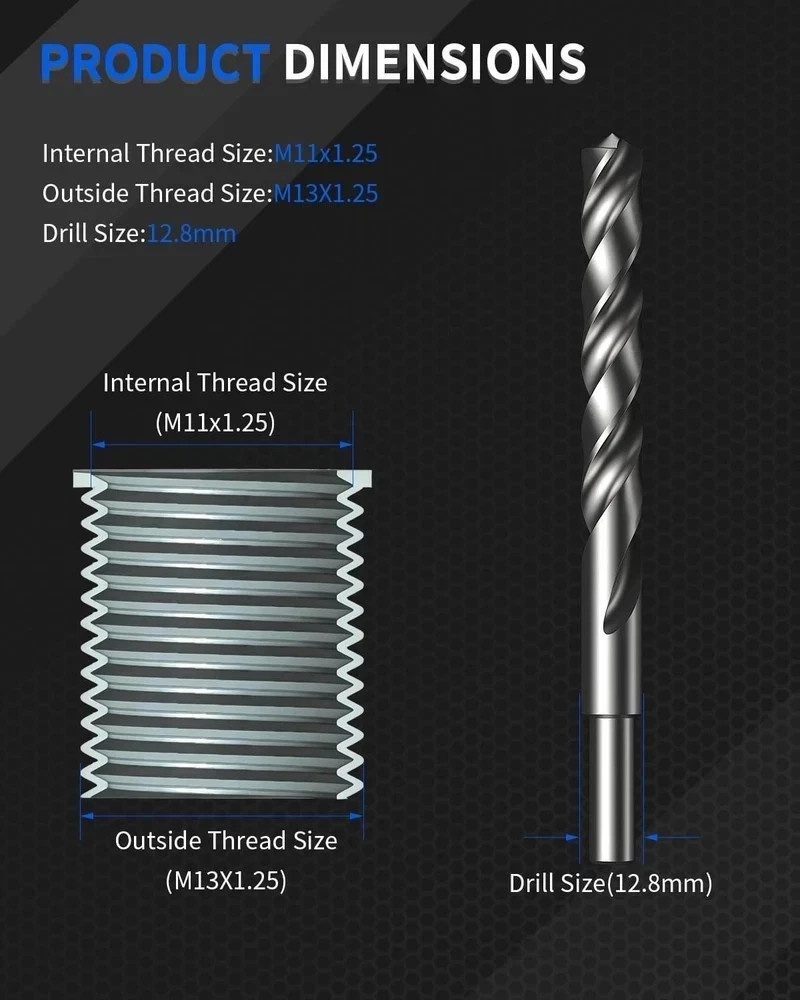 M11x1.25 Metric Thread Repair Kit, with HSS Drill, M11 X 1.25, Black