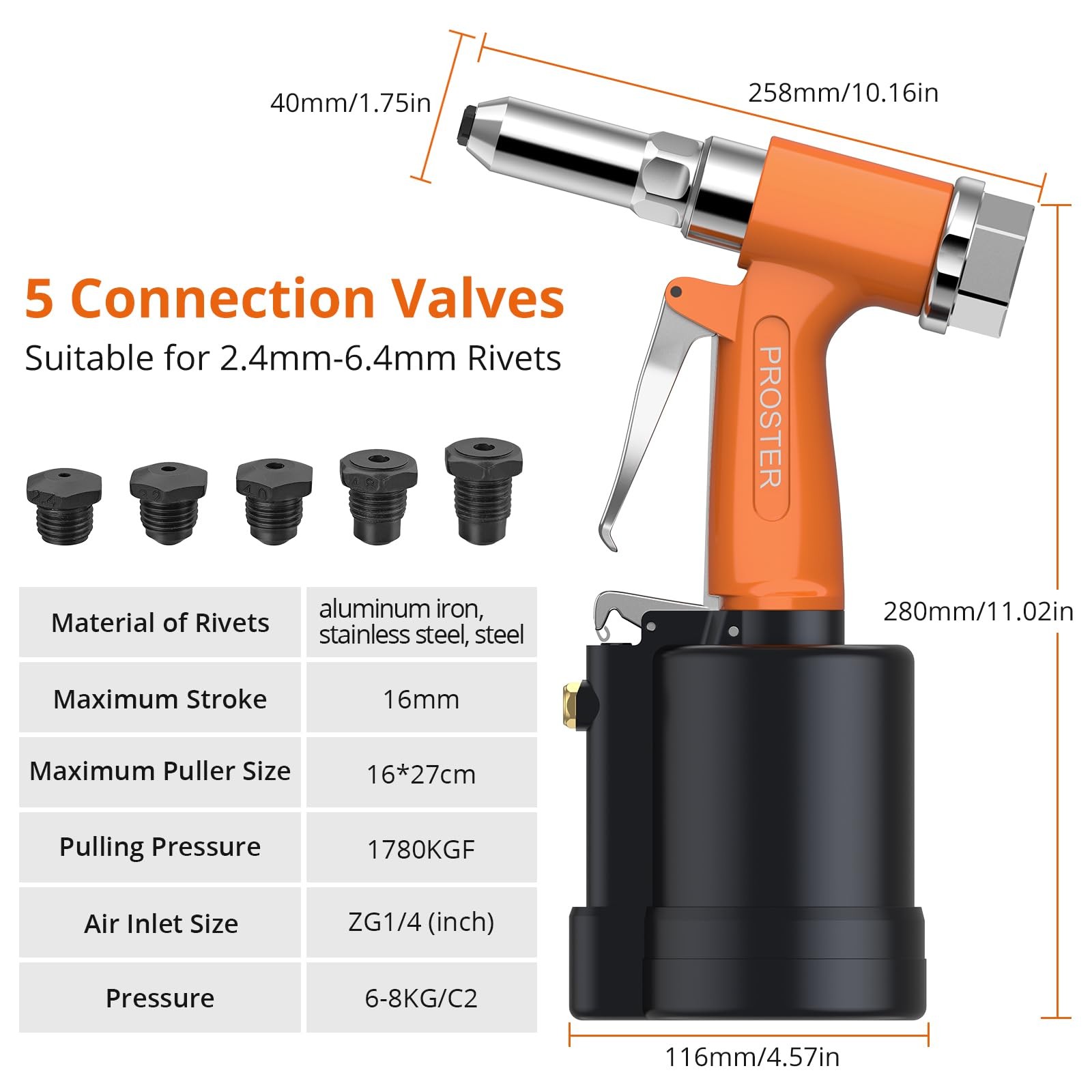 Proster Pneumatic Riveter – 3924LBF Pulling 5 Nozzles, Orange+black