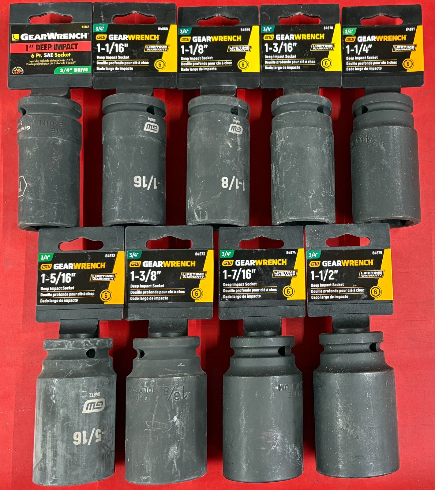 LOT OF (9) GEARWRENCH 3/4″ DRIVE DEEP IMPACT SOCKET SET 6 POINT SIZES 1″-1-1/2″
