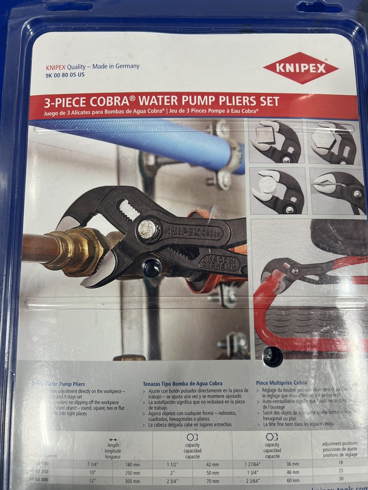 Knipex 3pc Cobra Water Pump Plier Set 7” 10” 12” 9K008005US NEW