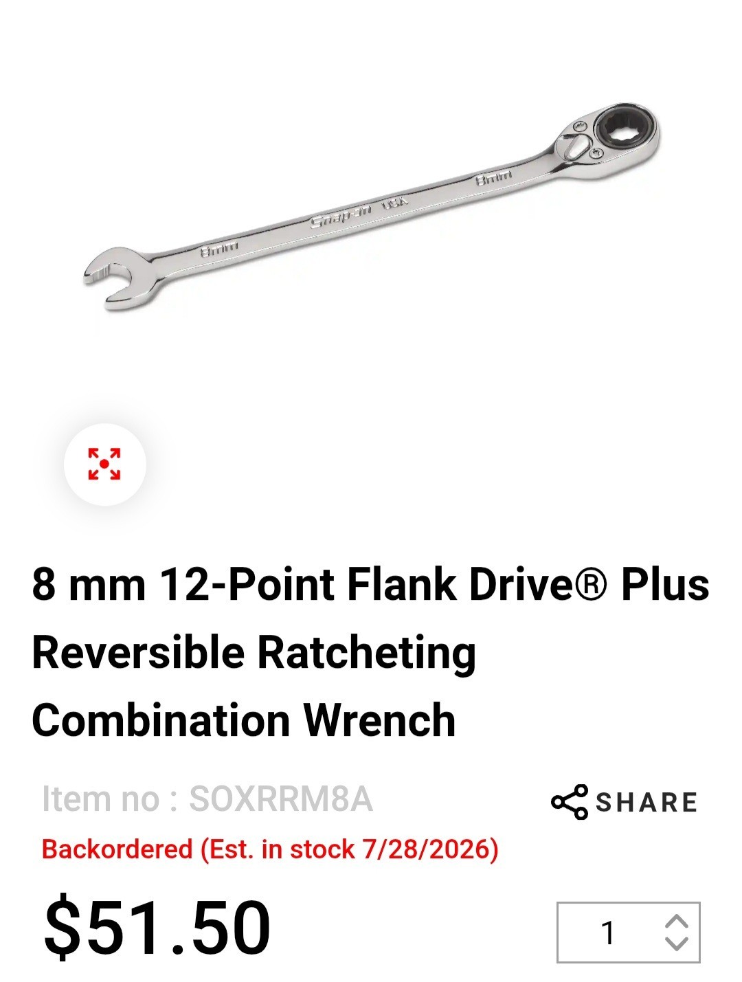 Snap-On 8 & 9mm 12-Pt Flank Dr Reversible Ratcheting Combination Wrench SOXRRM8A