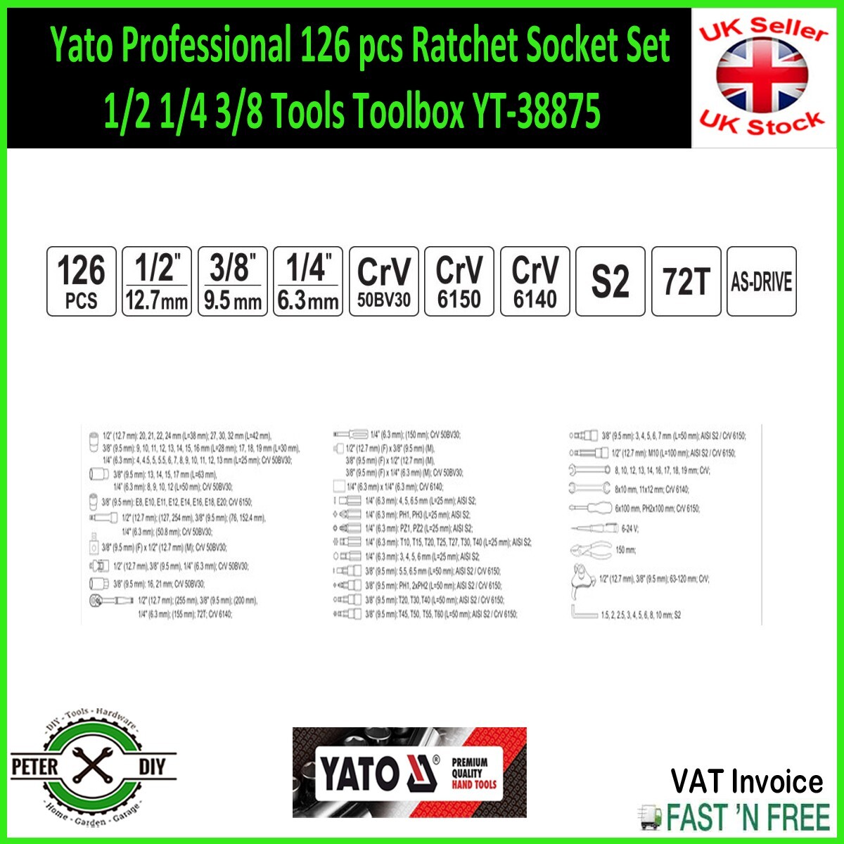 Yato Professional 126 pcs Ratchet Socket Set 1/2 1/4 3/8 Tools Toolbox YT-38875