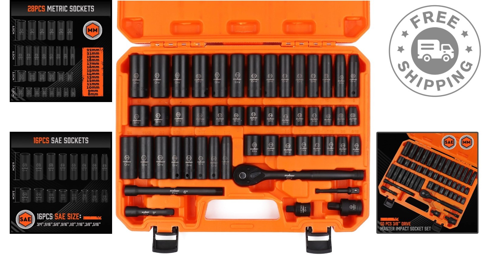 Durable 50-Piece 3/8″ Drive Chrome Vanadium Impact Socket Set with Storage