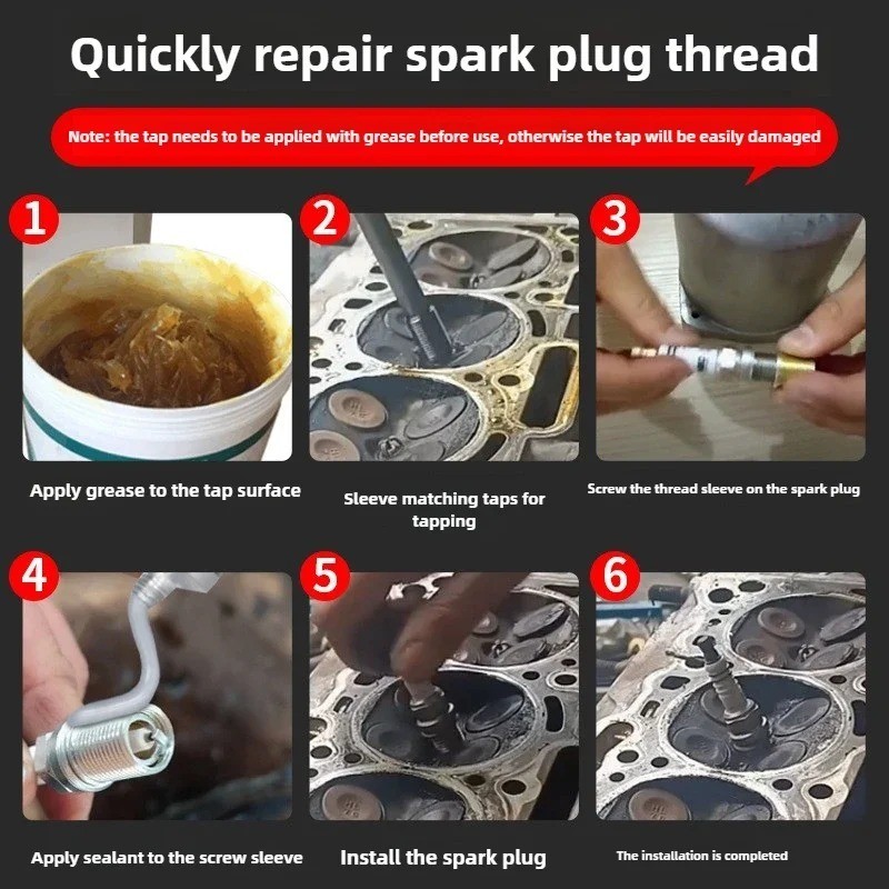 14mm Spark Plug Rethread Thread Repair Kit Helicoil Reamer Tap Tool w/ 4 Inserts