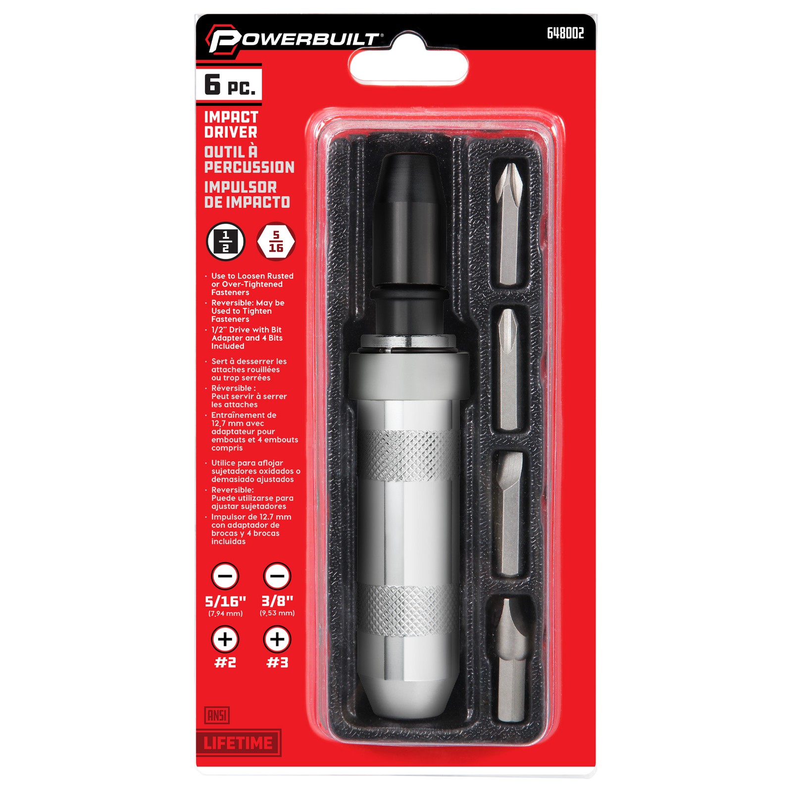 Powerbuilt 1/2 Inch Drive Impact Driver with Steel Bits – 648002