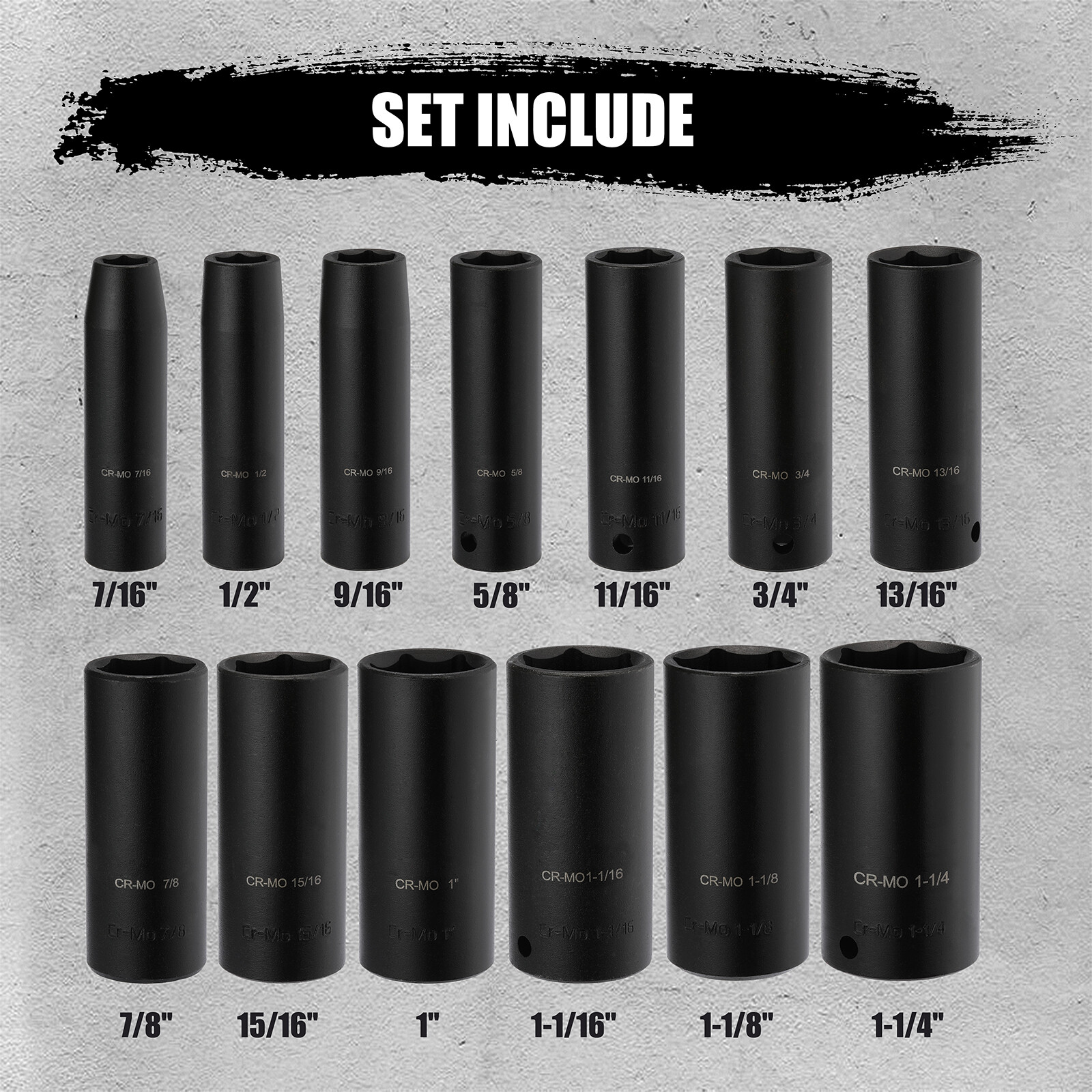 13 PCS 1/2″ Drive Deep Impact Socket Set 7/16″-1-1/4″ CR-MO, SAE, Heavy Duty