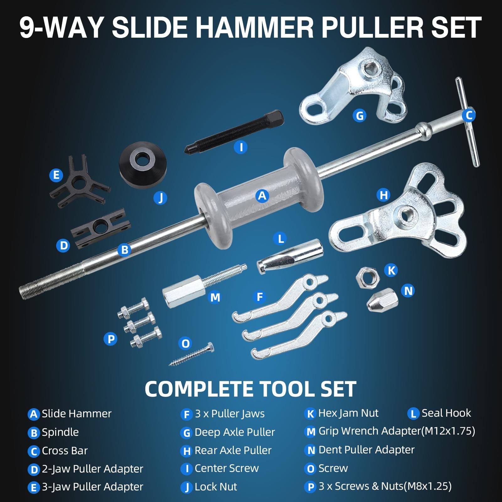 8MILELAKE 9 Way Slide Hammer Puller Set Axle Hub Wheel Bearing Dent Remover