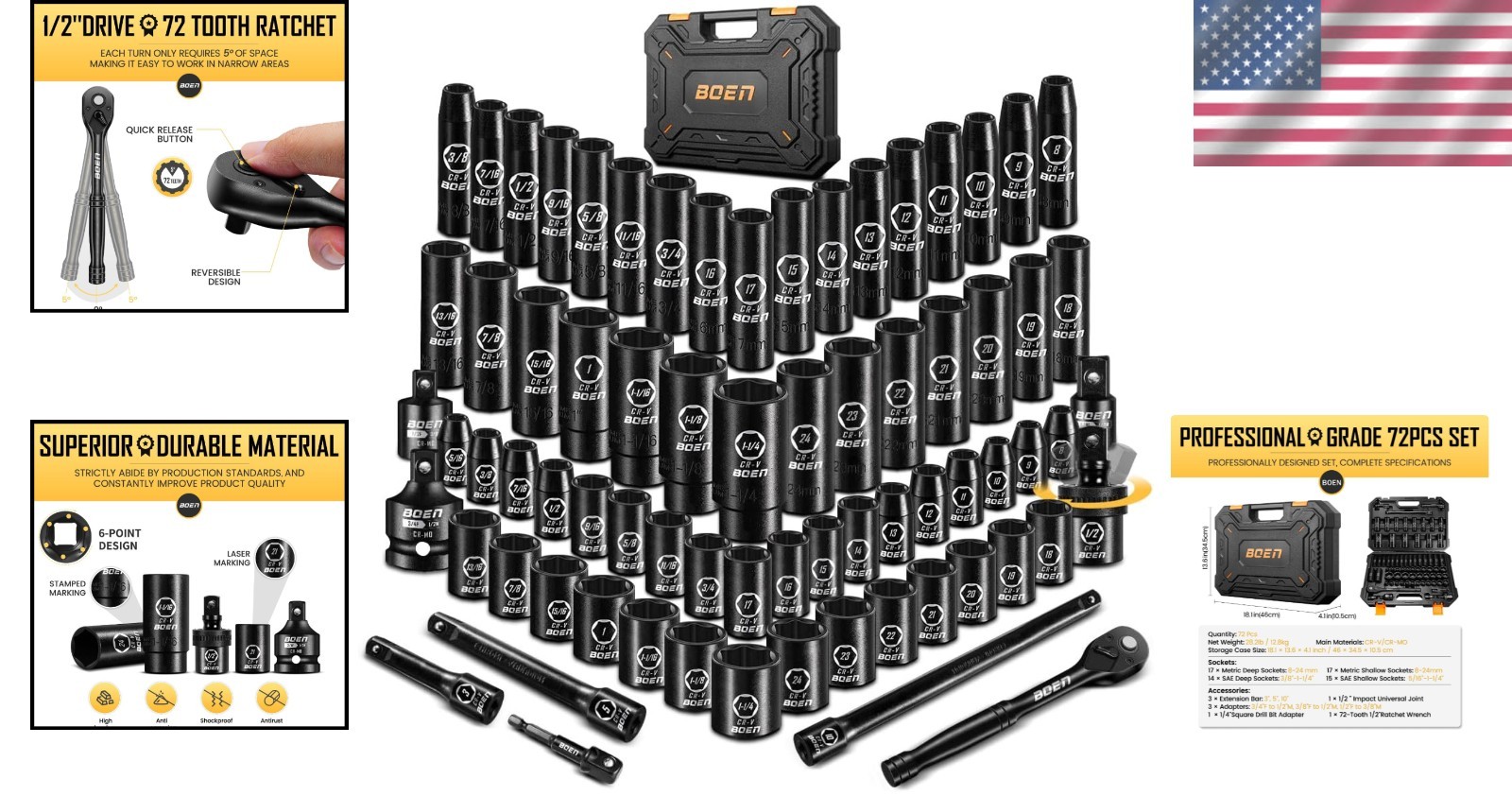 Comprehensive 72-Piece Impact Socket Set with Extensions – Rust Resistant Design