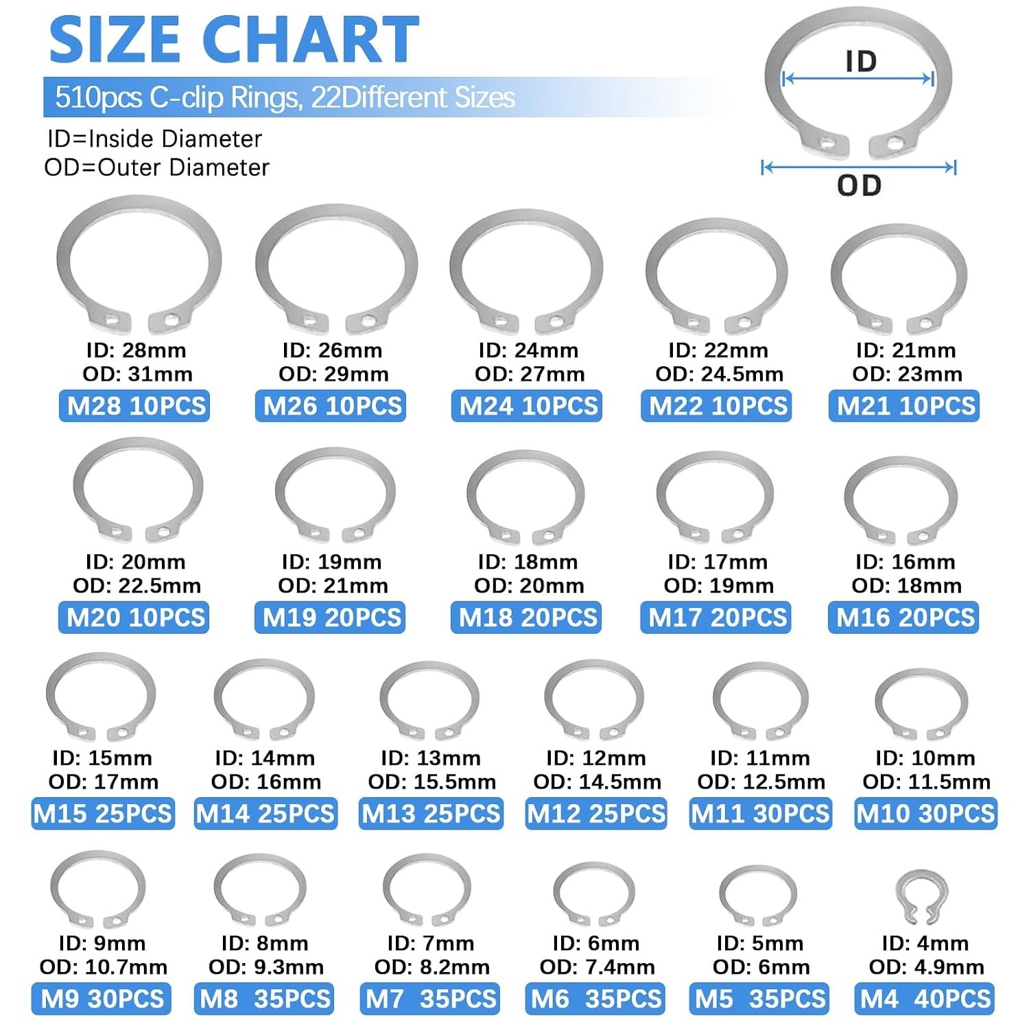 Stainless Steel Snap Rings + E-clip Assortment + 4-Pc Pliers