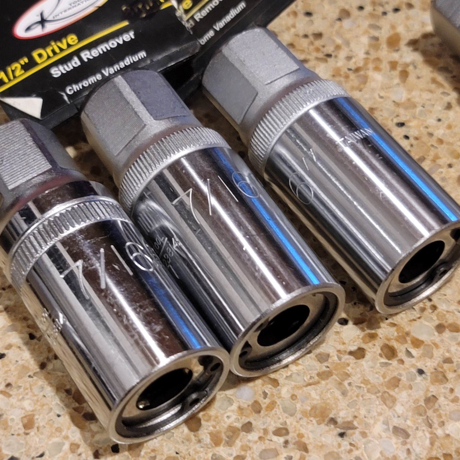 K TOOL STUD REMOVER SOCKETS RANDOM SIZES 1/2″ DRIVE 1/4″, 7/16″, 10mm, 12mm NOS