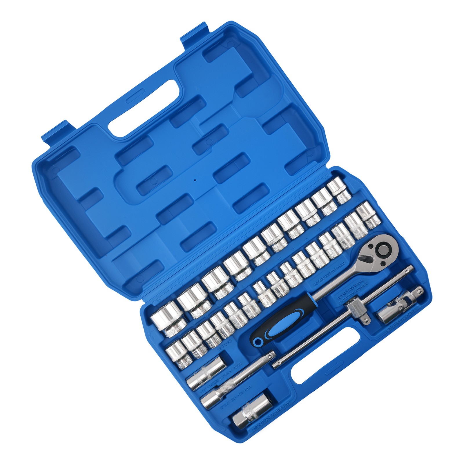 1/2″ Drive 32 Piece Socket Set 8-32mm 6/12 Point Ratchet Spark Plug Bar Kit