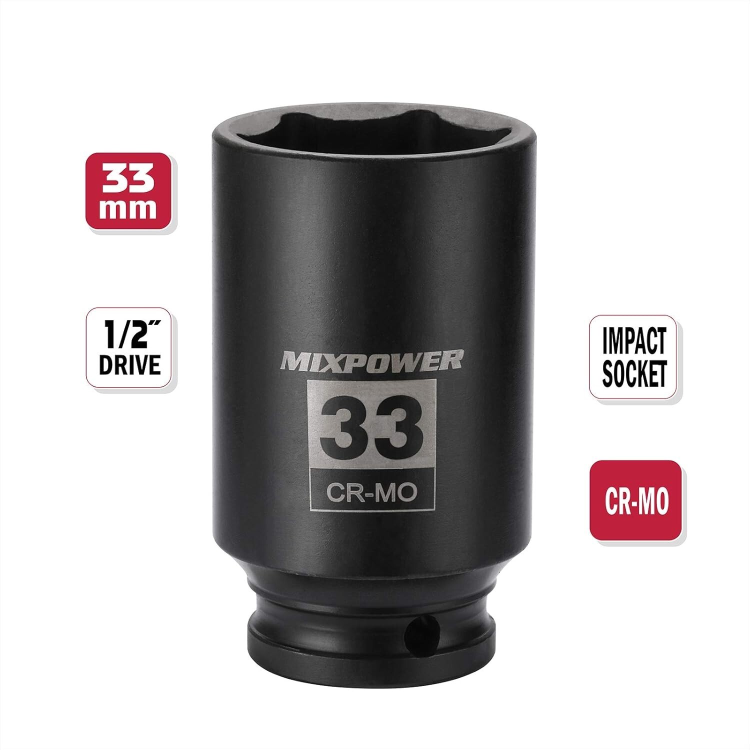 33 mm Impact Grade Socket, 1/2″ Drive, Chrome Molybdenum Steel, 6-Point Design